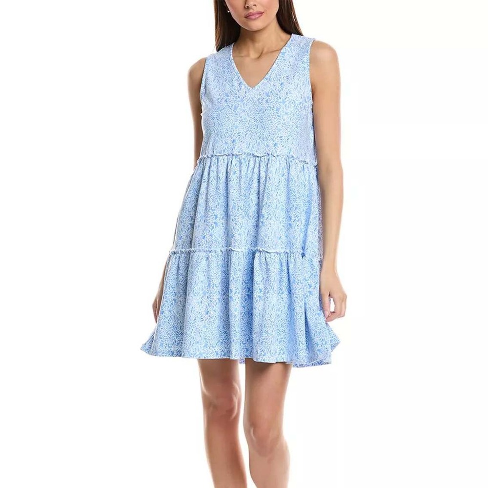 Duffield Lane Goldie Blue Hydrangea Petal Floral Mini Dress Sz L Tiered Ruffle